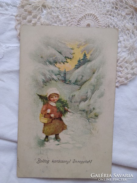 Antique litho / lithographic Christmas postcard / greeting card, little girl, pine tree, snowy landscape around 1910-20