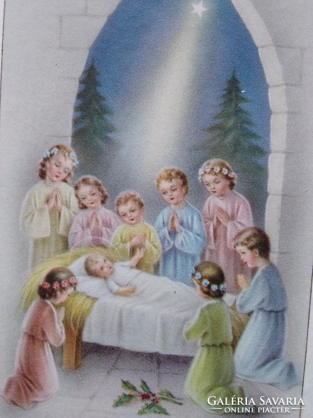 Régi grafikus, francia karácsonyi képeslap/üdvözlőlap, Kisjézus, gyerekek