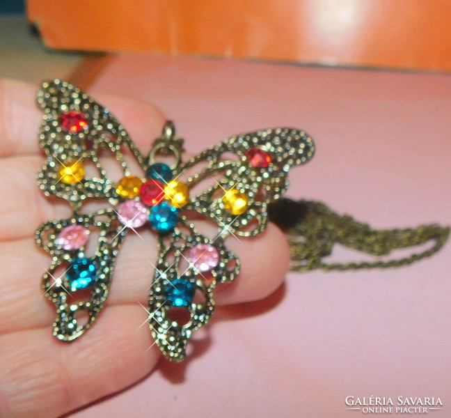 Full of colored zirconia stones pierced like. Giant butterfly vintage necklace - 66 cm