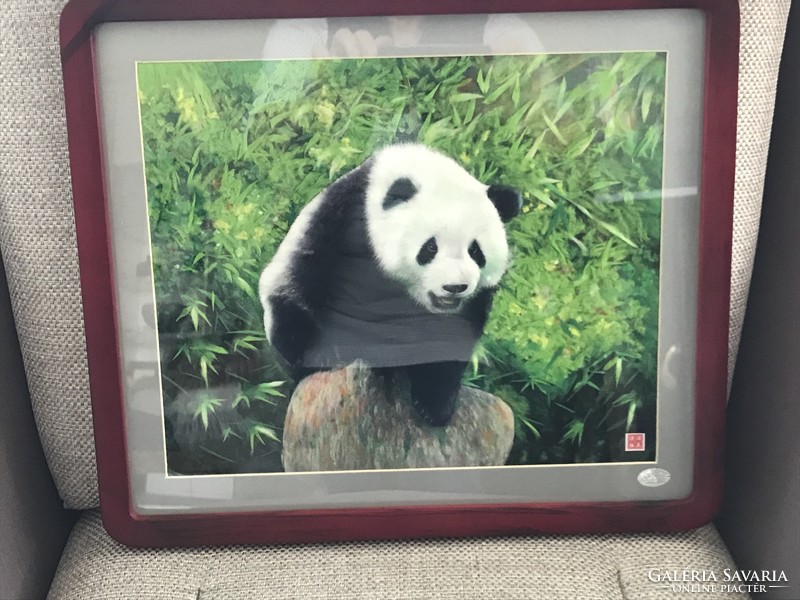 Panda picture made of wool with mahogany frame, 37 x 32 cm
