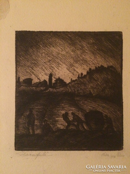 István Dési Huber - home, 1926, etching, neoclassicism,