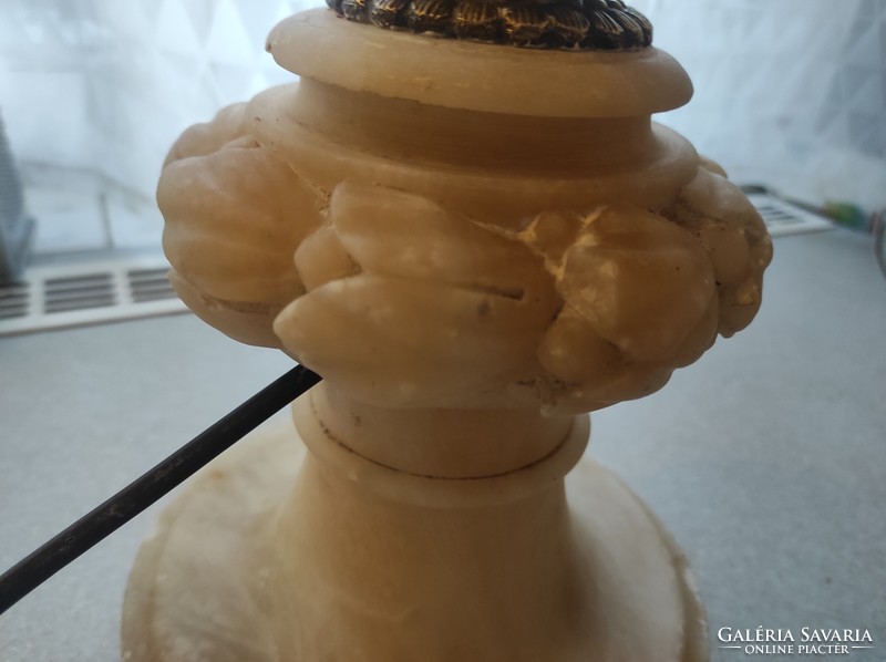Table lamp, antique, carved alabaster standard! Polished large glass crystal hood