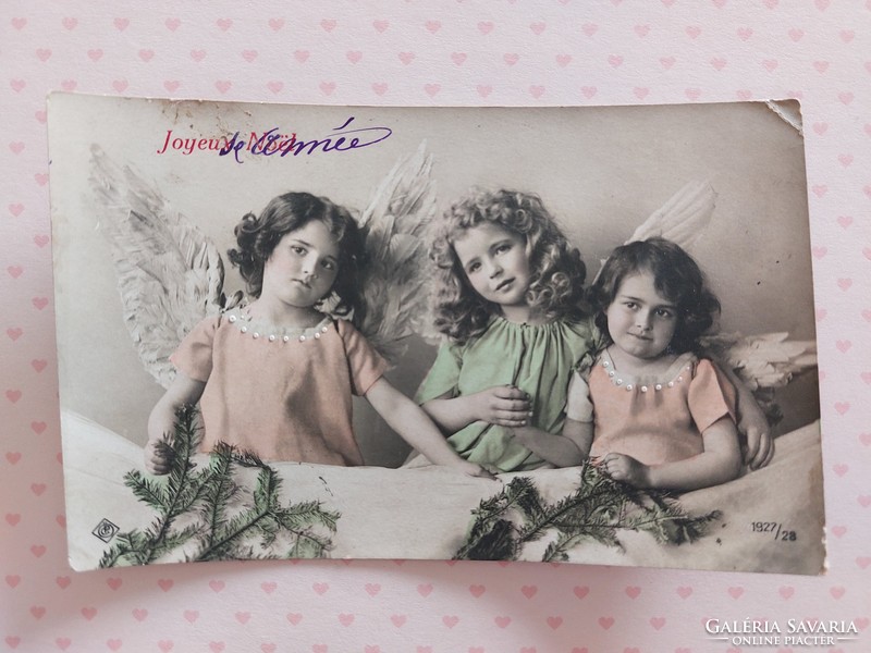 Old Christmas card 1912 angels photo postcard children