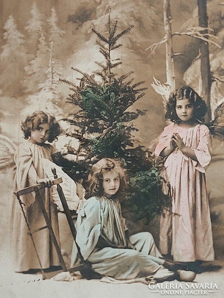 Old Christmas postcard forest angels photo postcard little girls