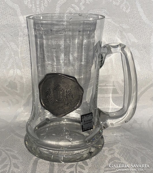 Retro German crystal beer mug with coat-of-arms pewter decoration, with a small chip on the mouth