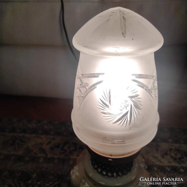 Table lamp, antique, carved alabaster standard! Polished large glass crystal hood