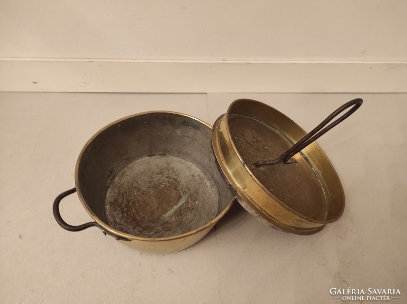 Antique Patinated Museum Kitchen Utensil Large Tinned Rare Decorative Brass Pot with Lid 442
