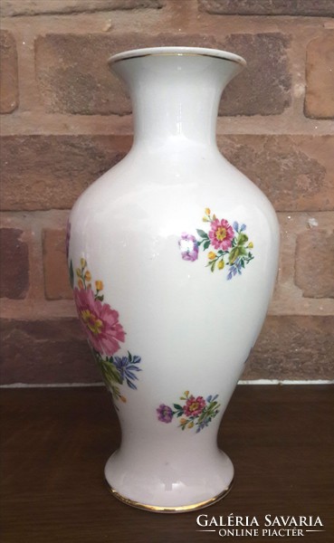 Hollóház floral porcelain vase with gold border, marked, numbered, 24 cm high