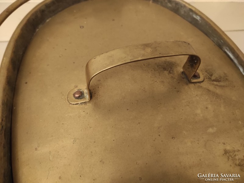 Antik patinás konyhai eszköz nagy ónozott ritka dekoratív sárgaréz fazék fedővel 441