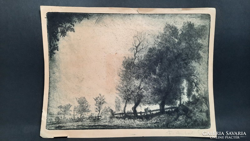 F. Antal Elemér: Útszéli fák vándorral (rézkarc) 29x22 cm