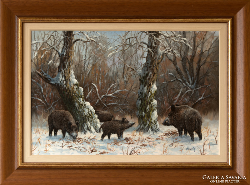 Miklós Kovrig's painting of acorn wild boars, with proof of originality!