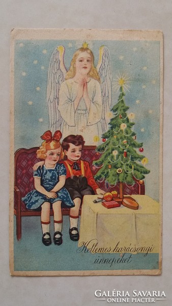 Régi karácsonyi angyal képeslap 1947 levelezőlap gyerekek