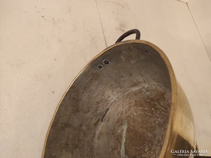 Antik patinás muzeális konyhai eszköz nagy ónozott ritka dekoratív sárgaréz fazék fedővel 442