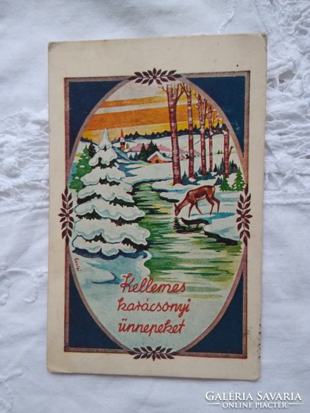 Régi grafikus karácsonyi képeslap/művészlap őzike, erdő, havas fenyők 1940
