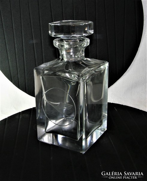 Heavy engraved crystal whiskey with decanter / decanter - etched lufthansa logo