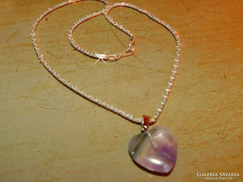 Amethyst mineral heart pierced lacy white gold plated necklace