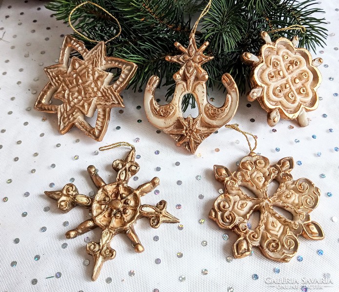 Old gilded wax Christmas tree ornaments 5pcs 8-9cm