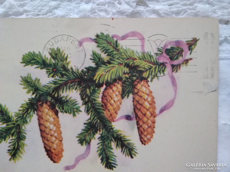 Régi grafikus karácsonyi képeslap, fenyőág, toboz, 1940