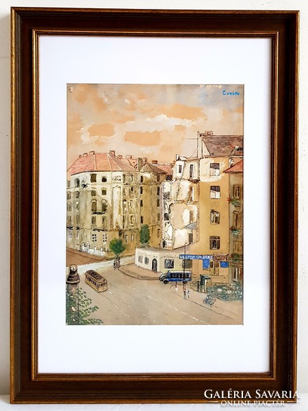 Budapest street after the war watercolor painting labeled work