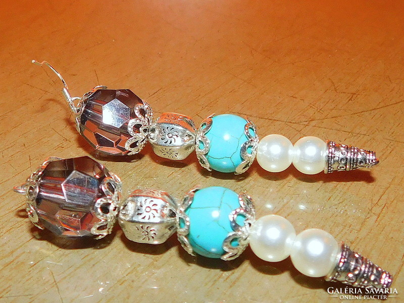 Turquoise crystal pearl - Tibetan silver extra long earrings 8 cm