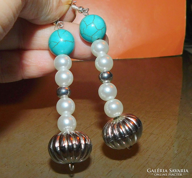 Turquoise pearl extra long Tibetan silver pearl earrings 7 cm