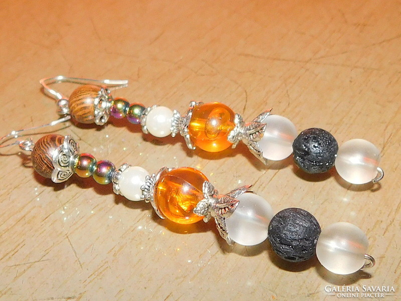 Amber-Opalite-Lava- Many Beaded Tibetan Silver Earrings 7.5 Cm