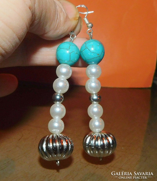 Turquoise pearl extra long Tibetan silver pearl earrings 7 cm