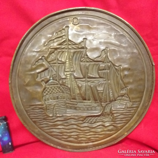 Old bronze, copper sailing ship wall plate, bowl, plate. 30.5 Cm.