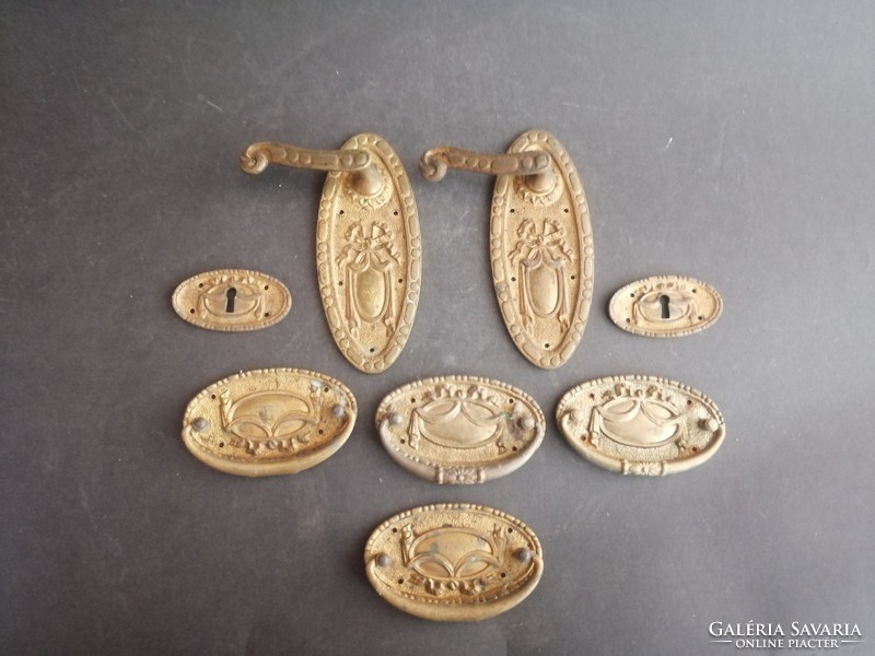 Antique copper classicist furniture crests, inlays, handles, ornaments, drawer pulls 8 pcs - ep