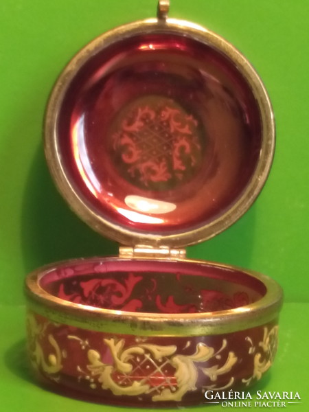 Ruby red gold painted moser glass box canister with copper fittings