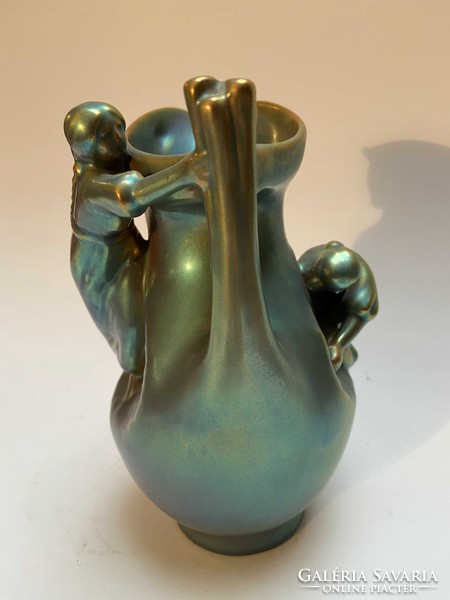 Zsolnay eosin vase (blue) with female figures 16 cm