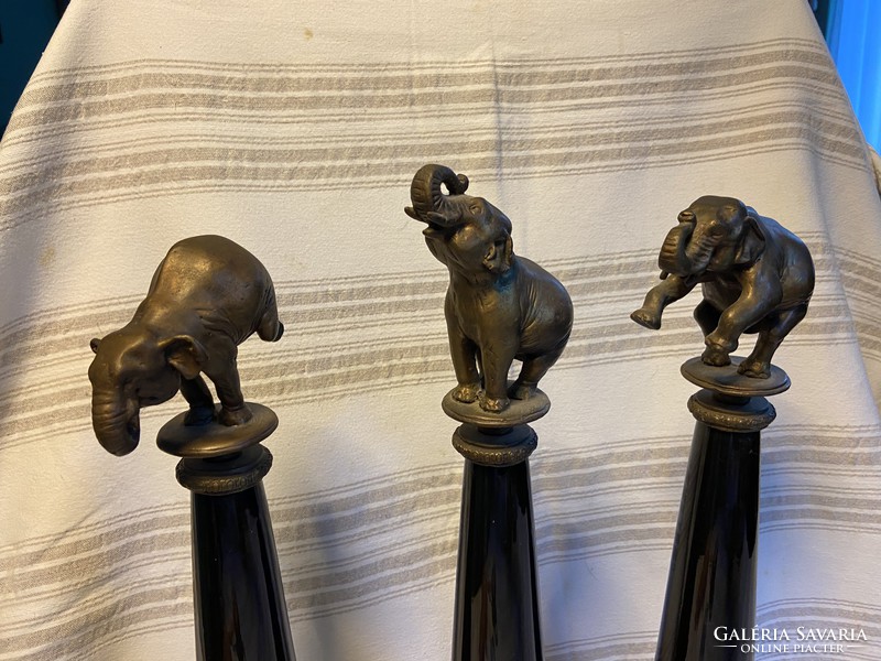 Bronze circus elephant sculptures on a faience column, set of 3, 45-50 cm high