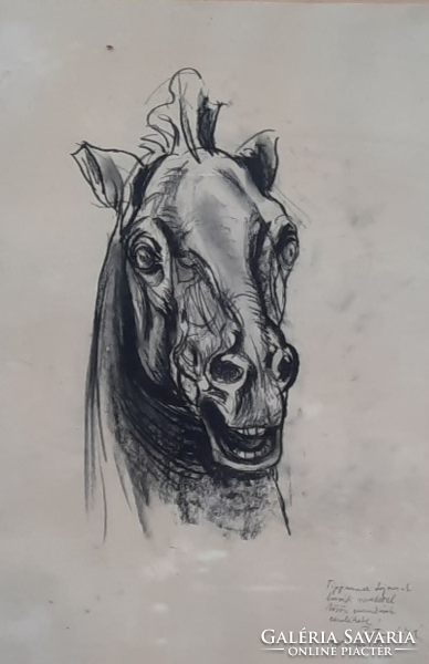 Patay László (1932-2002): Lóportré, szénrajz (dedikált, 1978) 30x42 cm, állatok. állatkép
