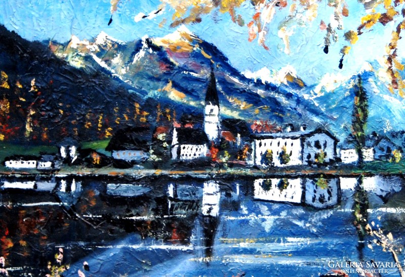 Hübner: Tóparti házak a hegyek között - olaj-vászon festmény