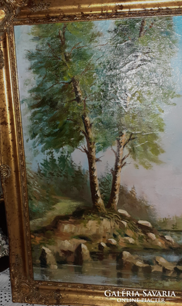 Antique landscape with a stream with a beautiful blonde 49x59
