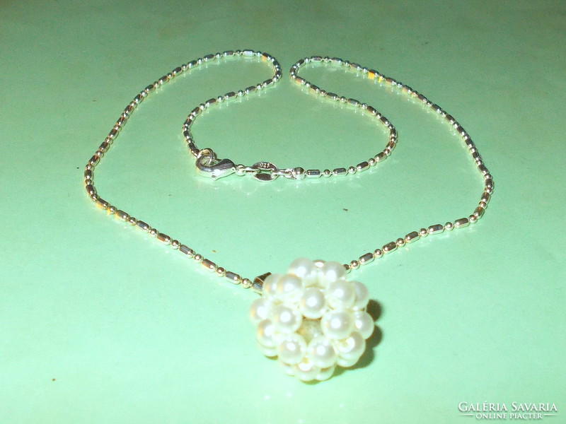 Snow white pearl sphere like hexagon. Strong Tibetan silver necklace