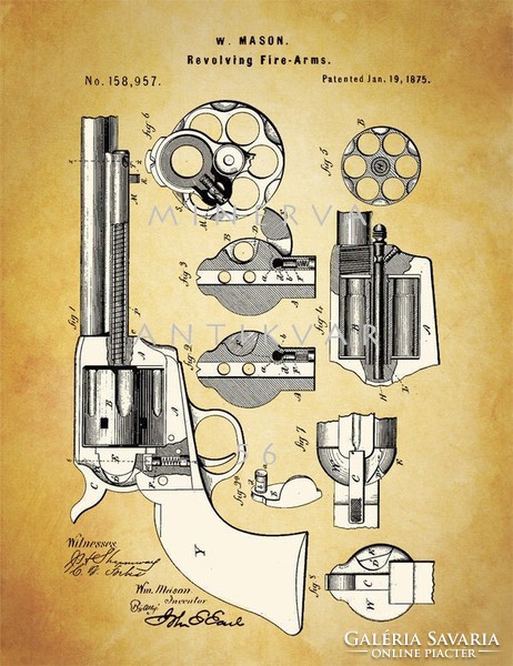 Old Colt Peacemaker Revolver Patent Drawing Mason 1875 American Rotary Pistol Firearm
