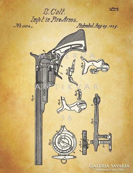 Old Antique Colt Revolver Patent Drawing 1837 Classic American Rotary Pistol Firearm