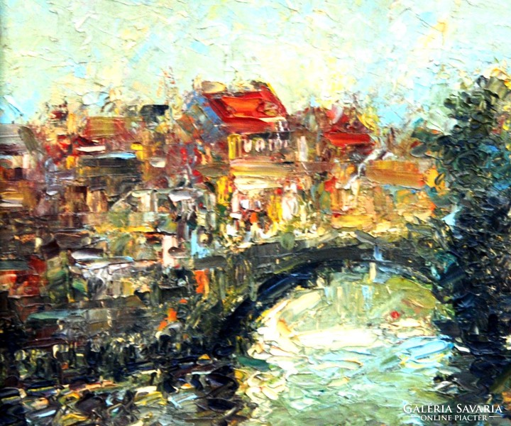 K.S .: Cityscape with old bridge, 1959 - oil painting
