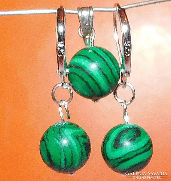 Malachite mineral sphere earrings and pendant set