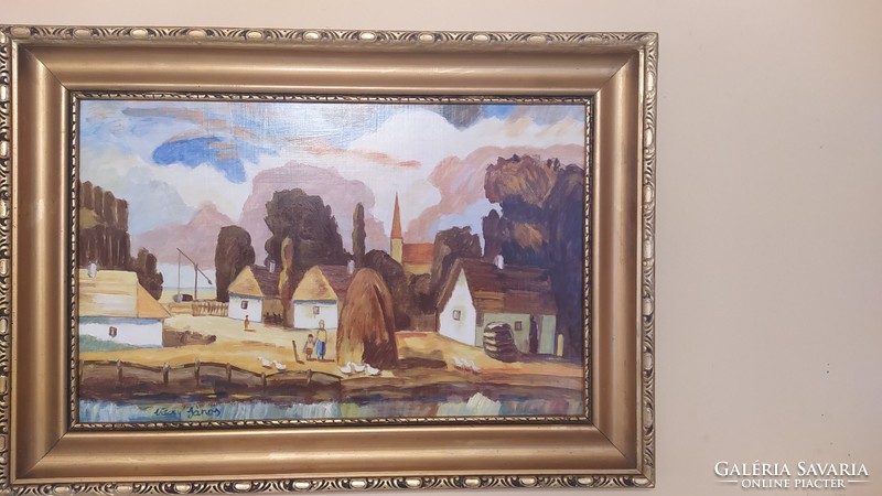 End of the village of János Váczy painting, oil fiberboard with 60 * 42 cm frame.