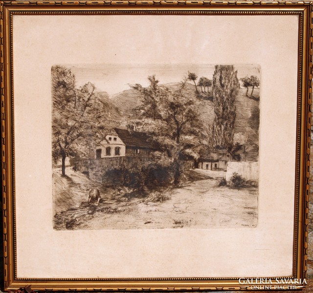 Tardos-Taussig Ármin (1874-1936): Ház a dombok között, 1903 - antik rézkarc, keretezve