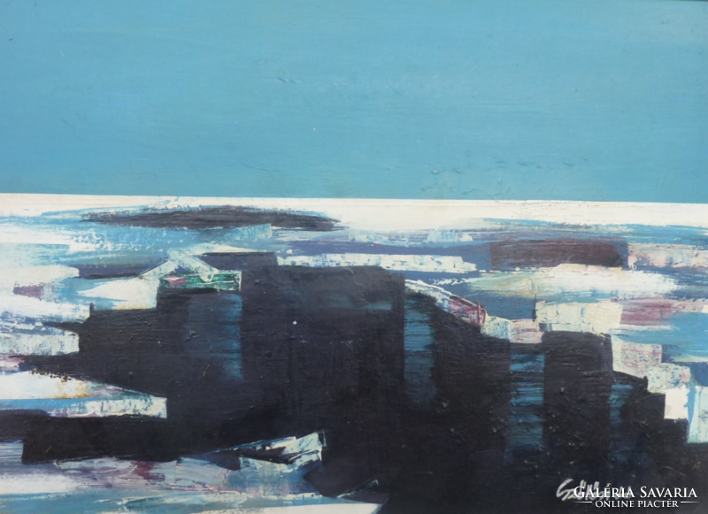 SZŐLLŐSI TIBOR (1962-) festménye kerettel (55x71 cm, modern, kortárs magyar, jégtáblák?)