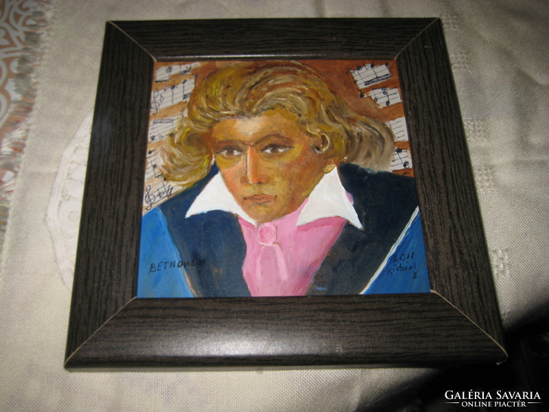 Beethoven , ifjú korában   ,festmény   , Kisbéri  E, szignatúrával , olaj - farost  , 16 x  16  cm