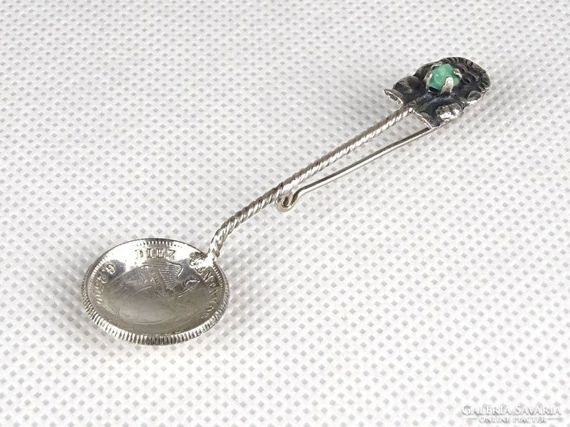 1A331 Colombia 10 centimeter silver spoon brooch decorated with semi - precious stones 1942