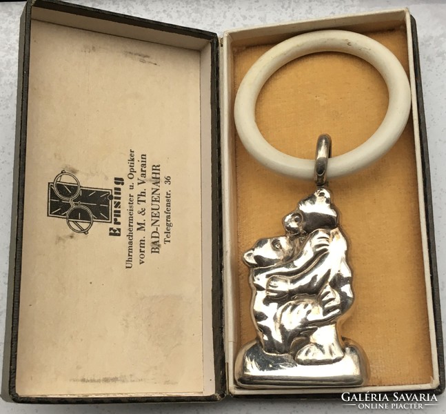 Antique silver bear bone baby rattle box in german
