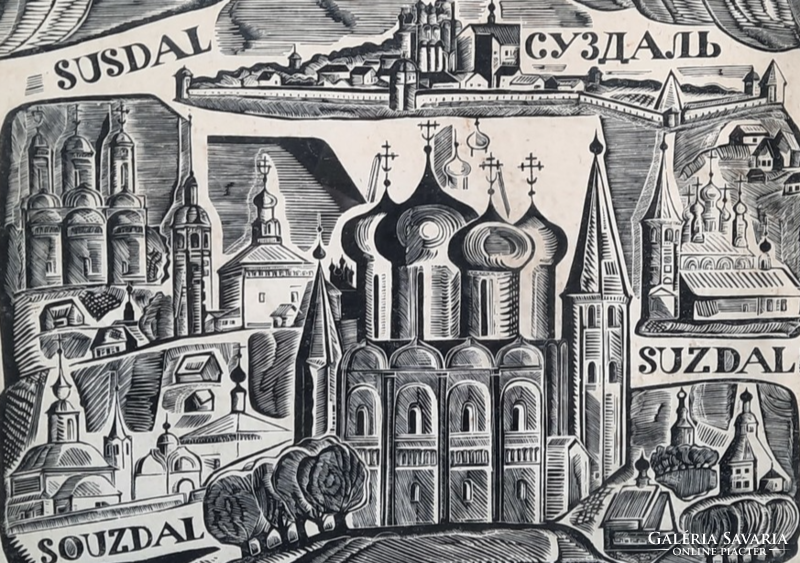 Podolskij: Látkép Szuzdal városáról, fametszet, jelzett 1970-ből címkével