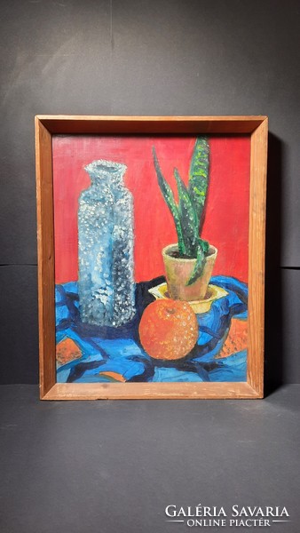 Csendélet tigrislevéllel, üveggel és almával (olaj, farost, kerettel 50x40 cm) színes asztali kép