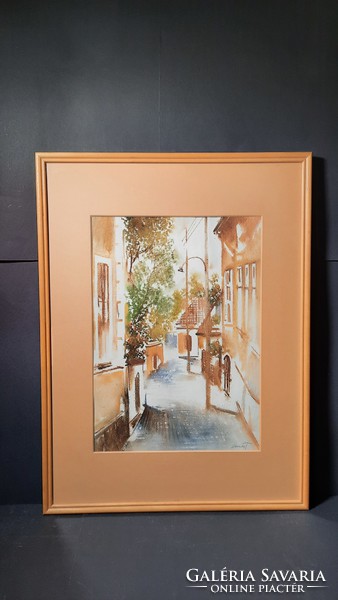 Nemes Tibor - gyönyörű utcakép akvarell (szignózott, 44x31 cm)
