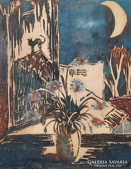 Vince András: Csendélet holdfényben (linómetszet, 16x13 cm, miniatűr) virág az ablakban
